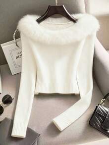 Franclia Áo len dệt kim tay raglan cổ lông chắp vá thời trang tối giản dành cho nữ, mùa thu/đông - trắng - Xem 1