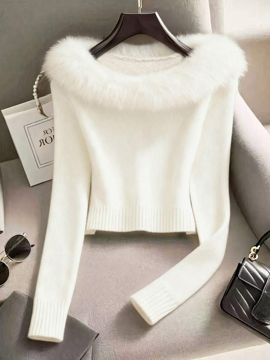 Franclia Áo len dệt kim tay raglan cổ lông chắp vá thời trang tối giản dành cho nữ, mùa thu/đông - trắng - Xem 1