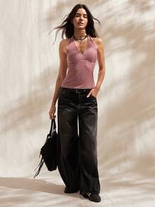 Easelle Red Striped Sleeveless Casual Halter Top Summer Valentine's Day Beach Vacation Hanging Neck Backless Elastic Top - Red and White - View 3