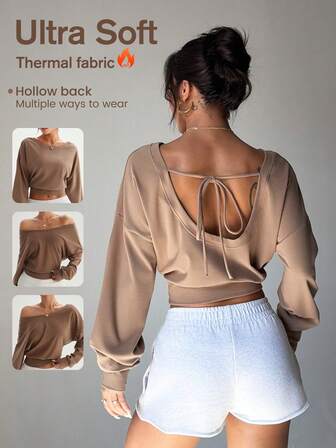 Slayform Women's Casual Loose Off-Shoulder Pullover Sweatshirt, Solid Color Long Sleeve Drawstring Tops