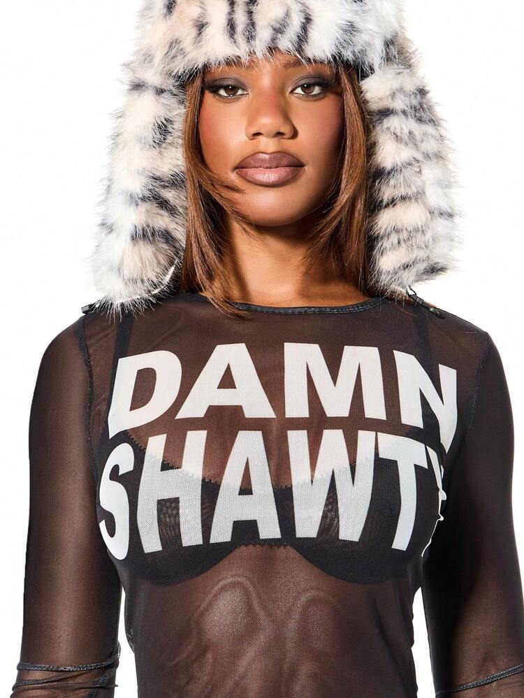 Mesh Long Sleeve Top With Text Print