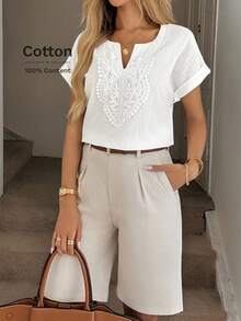 Easowa 女士蕾丝拼接水洗棉休闲/度假优雅衬衫，复古富贵风格 - 白色 - 查看 4