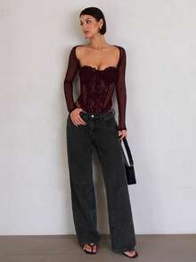 SHEIN BAE Áo corset ren chắp vá gợi cảm cho nữ, trang phục, câu lạc bộ, trang phục phương Tây - Màu Tím - Xem 3