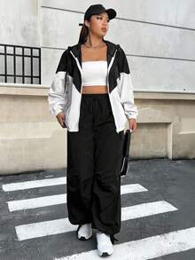 SHEIN EZwear 大碼雙色落肩袖連帽夾克