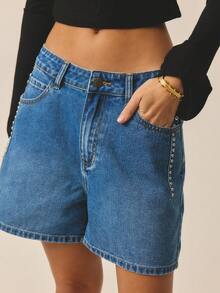 Aralina Pantalones cortos vaqueros de cintura baja y pierna ancha con lavado desgastado y decoración de rhinestones, de estilo casual de verano - Azul - Ver 3