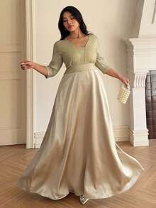 Dazy Plus Váy Maxi thanh lịch dành cho phụ nữ ngoại cỡ, phối màu, áo quấn chun có đính sequin, chân váy xòe chữ A, mùa xuân/thu - Màu Khaki - Xem 5