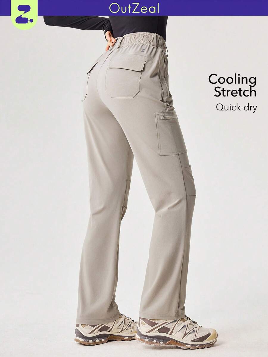 OutZeal 女士凉感弹力尼龙修身拉链口袋户外裤，适合露营和徒步旅行 - 灰卡其色 - 查看 1