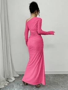 Elenzga 女士优雅时尚通勤魅力长袖不对称领收腰褶皱修身纯色纹理针织长裙 - 玫紅色 - 查看 2