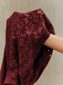 Anewsta Elegant Slim-Fit Women's Sweater With High Neck, Lace Patchwork And Hollow Design, Red, Valentine's Day Outfits For Women - Red - View 8
