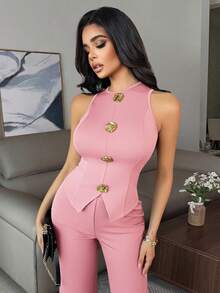 Vavine Romantic Valentine's Pink Set-Perfect Date Outfit, Pants Suit, Business Commute 'old Money' Style. Fashion-Forward Women's Sleeveless Top With Tailored Pants, Metallic Button Details, High-Stretch Fitted Tank And Pants Two-Piece Suit. Fall Officewear For Women-Elegant Business Casual, Resort-Ready And Date-Appropriate.