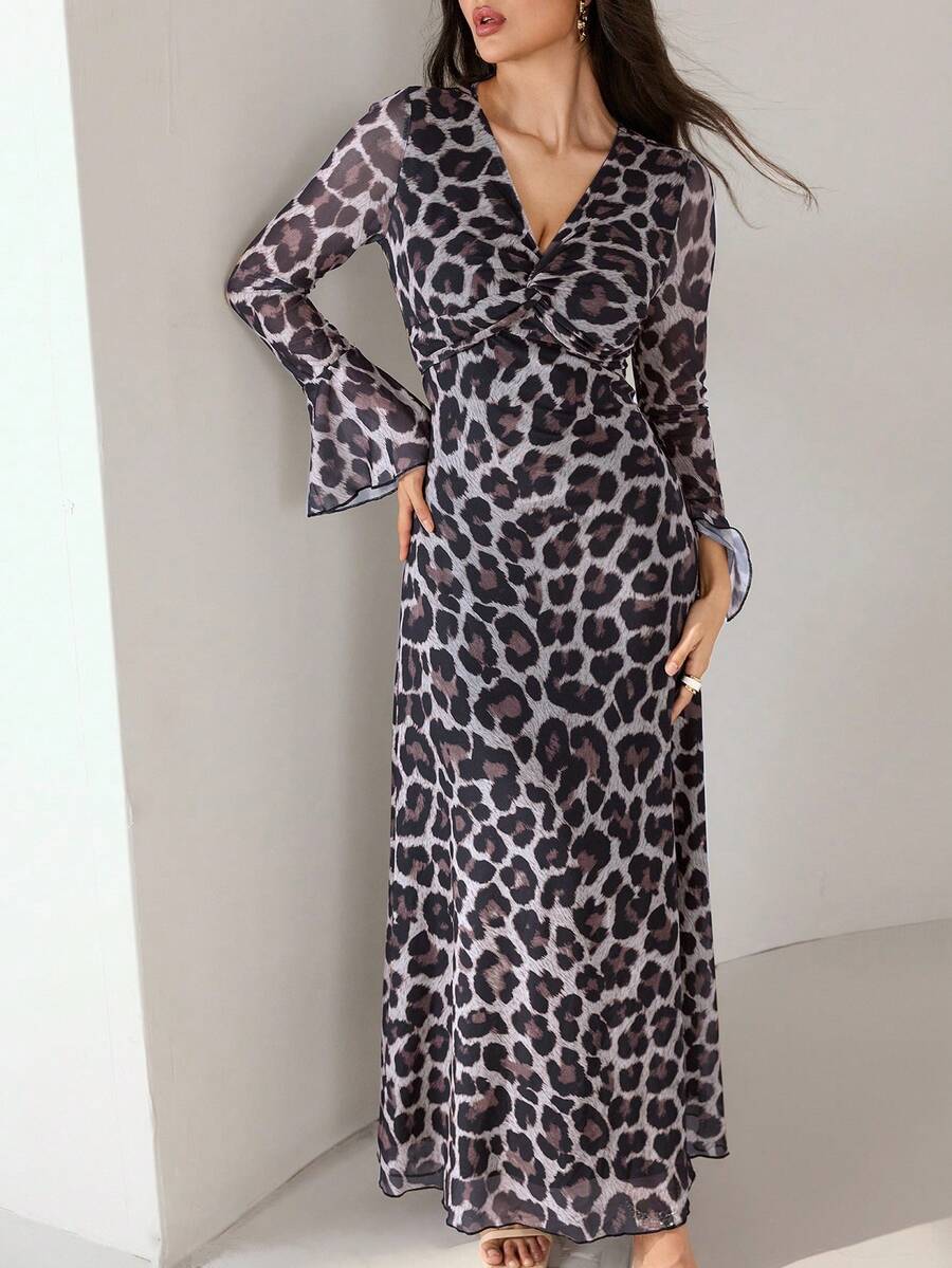 Modelyn 女士V领喇叭袖浪漫修身连衣裙,春夏款 - 棕色 - 查看 1