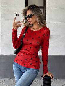 Pariaura Women's Casual Red Random Heart Print Ruched Long Sleeve Round Neck T-Shirt - Red - View 3