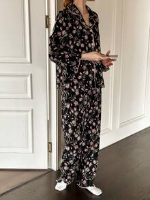 Napfluff Floral Print Lapel Long Sleeve Pajama Set - Matte Black - View 5