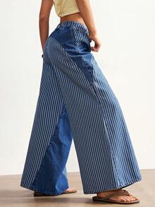 Bohemela 女士休闲宽松阔腿裤，条纹拼接设计 - 深色水洗藍 - 查看 5