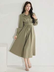 Heiryn Damen einfarbiges langärmliges Midi-Kleid mit Bindedetail, modisch und vielseitig - Olivgrün - Übersicht 2
