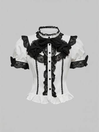 J-Fashion Lolita Sommer Babydoll Kawaii süße 3D Schleife Dekor Puffärmel Damen Bluse