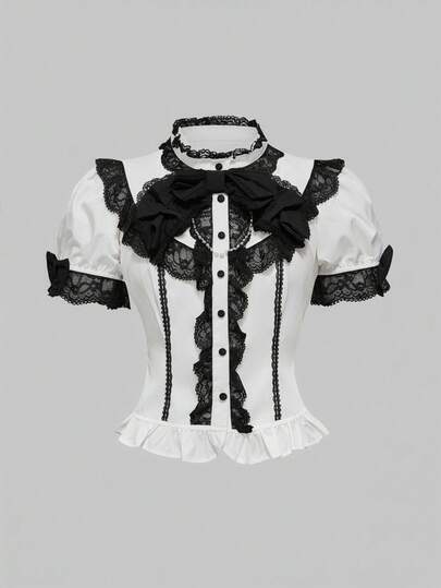 J-Fashion Lolita Summer Babydoll Kawaii Sweet 3D Bow Decor Puff Sleeve Women Blouse