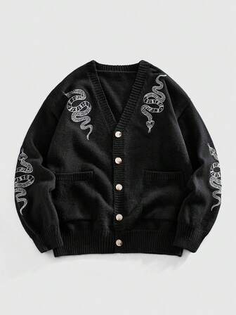 Herren Schlangen-Stickerei V-Ausschnitt Einreiher Taschen Lässig Pendler Strickjacke, Langarm, Strick, Herbst/Winter