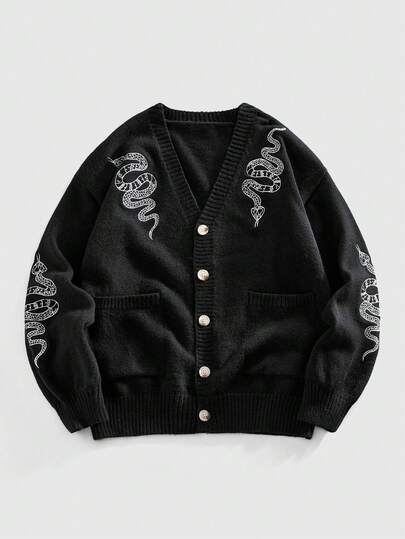 Cárdigan casual de cuello en V de un solo pecho con bolsillo y bordado de serpiente para hombre, de manga larga, de punto, para otoño/invierno