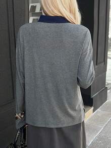 Livesso Women's Casual Collared Button-Up Long Sleeve T-Shirt, Autumn/Winter - Grey - View 2