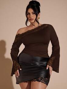 SHEIN BAE Áo hở vai ren bất đối xứng tay dài màu đen cỡ lớn cho nữ - Cà phê nâu - Xem 6