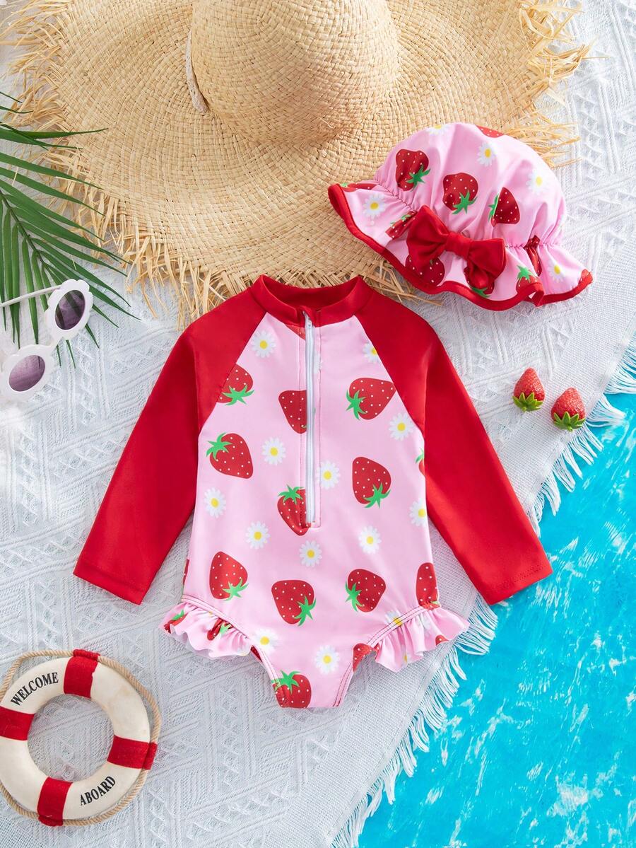 SHEIN Baby Girl Colorblock Strawberry Print One-Piece Swimsuit, Beach/Resort - Pink - View 1