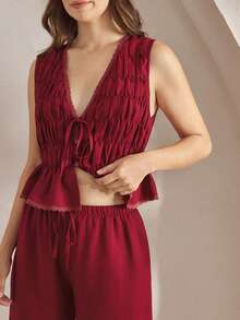 Ocili 休闲绉纱云棉蕾丝边简约舒适柔软无袖上衣和裤子时尚秋季女士家居服套装，冬季服装 - 酒紅色 - 查看 4