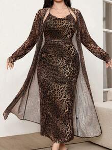 Modelyn 2pcs/Set Leopard Print Mesh Sleeveless Dress And Cardigan Shawl 2 Pieces Set - Coffee Brown - View 7