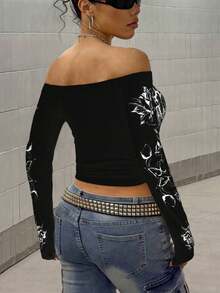 Maweii Áo nữ cỡ lớn gợi cảm, trễ vai, in họa tiết, tay dài, kiểu dáng thường ngày, màu đen, thích hợp cho mùa xuân/thu, dịp lễ. - màu đen - Xem 2