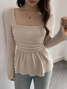 DAZY Women's Square Neck Fitted Ribbed Flare Sleeve T-Shirt Spring - White - View 4