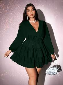 Viva Relle Plus Size Solid Color V-Neck Ruffle Hem Elegant Long Sleeve Dress,Valentine - Dark Green - View 4