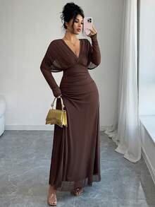 Elenzga Damen Elastisches Mesh-Gewebe gefüttertes V-Ausschnitt Kleid mit Raglanärmeln, geraffter Taille und A-Linie, verdecktem Reißverschluss an der Seite, Maxikleid, eleganter französischer Vintage-Stil für Büro, Lässig und Lässig, geeignet für Party, Weihnachten, Thanksgiving, Nachmittagstee, Neujahr, Herbst/Winter - Braun - Übersicht 5
