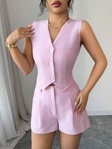 SHEIN Elenzya Women's Pink Casual Vest And Shorts 2 Pieces Set, Summer - Pink - View 4