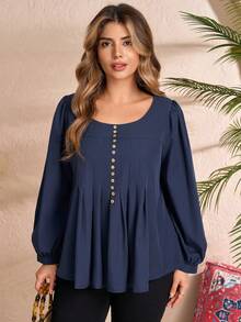 Rusticease Plus Size Women's Solid Color Round Neck Long Sleeve Button Design Pleated Casual Shirt - Navy Blue - View 3