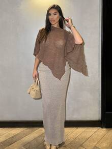 Shopreo Nuovo e alla moda scialle multifunzione in maglia jacquard color albicocca, con scollo a barchetta, collo a scialle, stile vacanziero, leggero e versatile - Caffè Marrone - Visualizzare 1