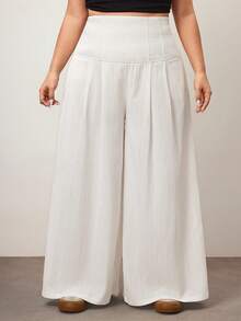 Hourglow Plus Size Casual Solid Color Textured High Waist Loose Pants/2026 /New Year - White - View 2
