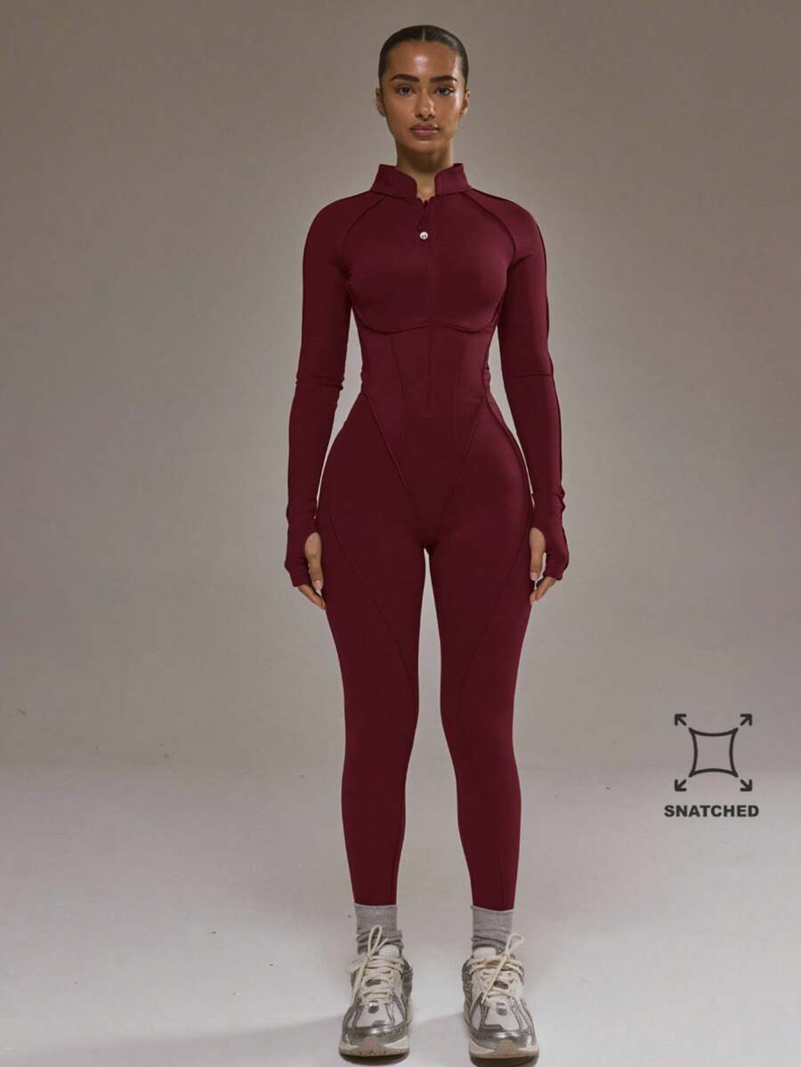 Musera Sport Jumpsuit Lengan Panjang Pas Badan dengan Detail Piping Kontras dan Resleting di Bagian Belakang Terbuka, Cocok untuk Olahraga Musim Dingin, Gym, dan Latihan Padel. - Burgundy - View 1