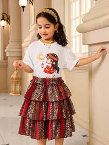 2pcs/Set Young Girls Short Sleeve Top And Skirt Set,Cartoon Girl Print White Tee,Geometric Pattern Multi-Layer Mini Skirt,Summer,Family Matching - White - View 4