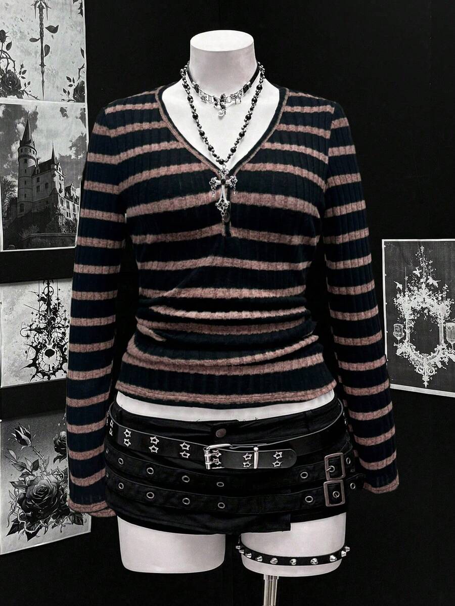 Sunspun 大码女式性感罗纹V领长袖T恤，百搭休闲街头风，适合假日穿着，经典罗纹套头衫 - 彩色 - 查看 1