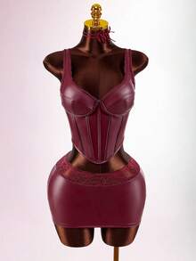 Amplova Bộ 2 món xương cá PU dành cho nữ: Áo hai dây & Chân váy ôm sát mini, Gợi cảm & Sang trọng, Thích hợp mặc mùa thu, Hàng ngày, Công sở, Tiệc năm mới - Màu Đỏ Sâu - Xem 4