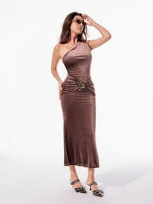 Nuvra 女士无袖双层塑身连衣裙，带衬里，收腹提臀，长款紧身连衣裙 - 咖啡 - 查看 5