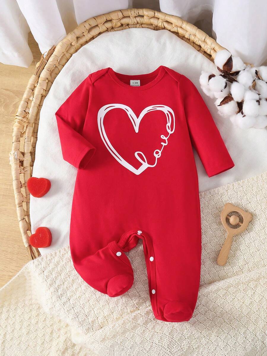 情人节心形睡衣 1 件装 新生儿长袖连脚连体衣，红色带白色心形可爱图案，舒适柔软，新生儿最佳礼物 - 紅色 - 查看 1