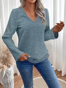 SHEIN LUNE Áo thun nữ cổ chữ V tay lửng dáng rộng thời trang - Màu xanh lam - Xem 5