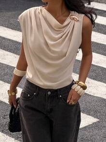 Siren Gaze Women Elegant Beige Summer Office Sleeveless Top,Pearl Pleated Chiffon Blouse,Fashionable Draped Cowl Neck Shirt,Modest Chic Teacher Things Cream Top - Apricot - View 1