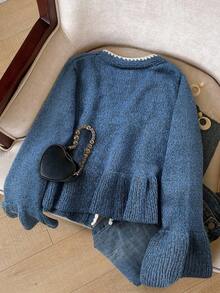 SHEIN Frenchy Áo khoác cardigan dài tay buộc dây màu tương phản dành cho nữ - Màu xanh hải quân - Xem 2