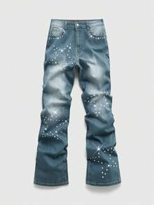 ROMWE MEN Street Life Spring/Summer Casual Graphic Men'S Pocketed Star Rhinestone Embellished Flared Jeans - Medium Wash - View 1