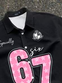Manfinity ZONE917 休闲宽松短款衬衫，街头风学院风 Logo 67 图案印花，粉白配色 - 黑色 - 查看 2
