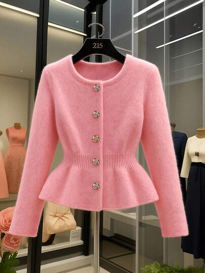 GlowEve Women's Simple Round Neck Waist Cinched Long Sleeve Single-Breasted Ruffled Hem Knit Cardigan, Spring/Autumn Fall Winter For Women, Pink