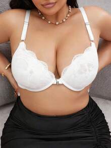 SHEIN 1pc Plus Size Front Closure Lace Underwire Bra - White - View 6