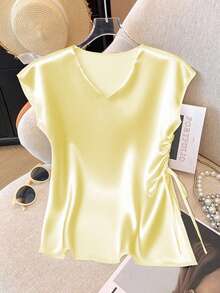 GlowEve CURVE Woven Satin Drawstring Fitted Crew Neck Shirt - Yellow - View 1